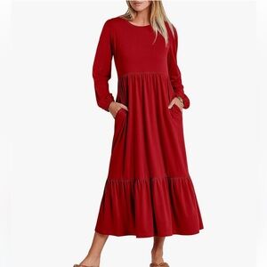 Women's Long Sleeve Midi Dress Crewneck A Line Tiered Flowy Loose Pockets 2XL